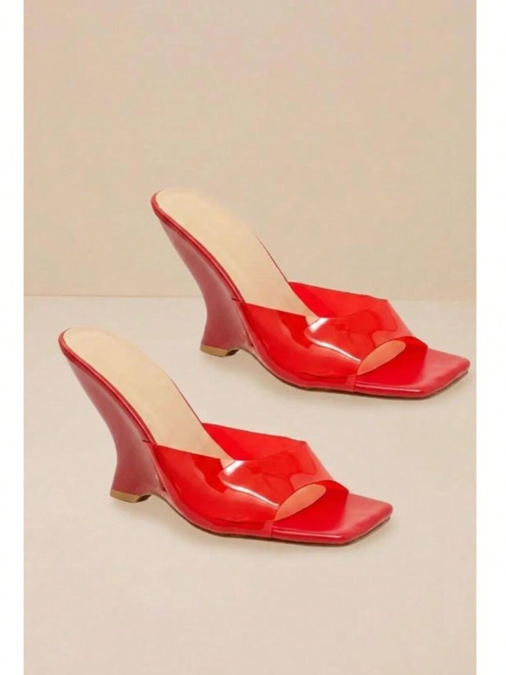 Red Casual Women's Clear Strap Open Toe Wedges - Picture 2 of 3